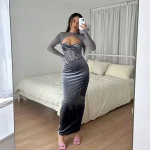 Chic grey velvet and mesh patchwork maxi dress with hollow-out design and fur cuffs