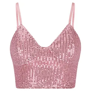 Detail shot of a pink sequined crop top featuring a V-neck and delicate thin straps