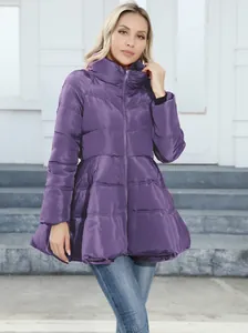Detailed view of women's purple mid-length padded coat with cinched waist design