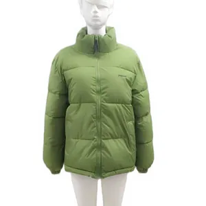 Front view of a green plus size winter puffer jacket displayed on a white mannequin.