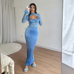 Elegant light blue velvet maxi dress with mesh panels and plush feather cuffs details
