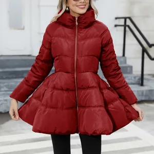 Women's slim fit stand collar red puffer coat with peplum ruffled hem and warm padding