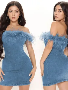 Stylish blue denim off-the-shoulder bodycon mini dress with feather trim for women