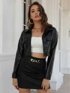 Veste Femme Cropped en Cuir PU Style Maillard Revers Personnalisé Boutonnage Simple Cardigan Moto Manteau Court