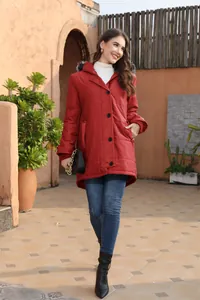 Red mid-length hooded quilted puffer coat with elegant faux fur trim and black buttons