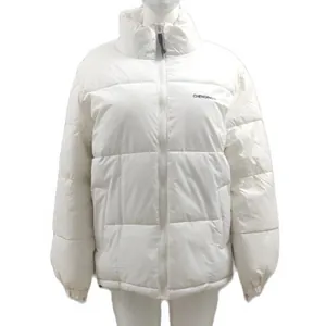 Detailed front view of women's white padded puffer jacket with high collar and full zipper
