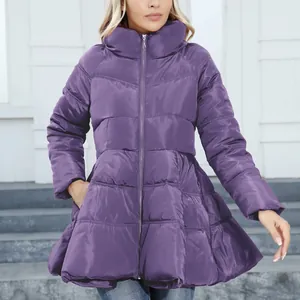 Elegant purple mid-length puffer jacket for women with slim waist and stand collar