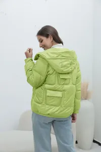 Detailed back view of a lime green hooded puffer jacket featuring a quilted design