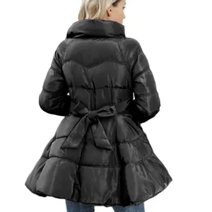 Women's slim fit black puffer coat with stand collar and decorative back bow
