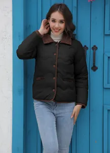 Stylische schwarze leichte Steppjacke für Damen mit feinem braunem Cordkragen-Detail