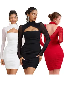 Detail view showing the three color options of the ruched mesh cutout bodycon mini dress.