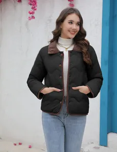 Stilvolle schwarze leichte Steppjacke für Damen mit kontrastierendem Kordkragen-Design