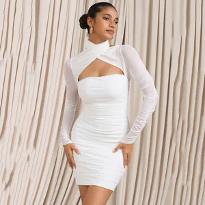 Elegant white ruched mesh mini dress featuring a crossover neck and a sexy front cutout.