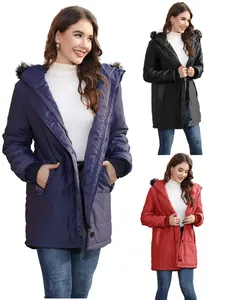 Women's Plus Size Hooded Puffer Jacket Polyester Cotton Filled Slim Mid Length Warm Coat Faux Fur Collar Winter Outerwear