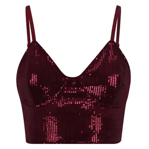Detailed front view of burgundy sequined crop top camisole with thin straps and V-neckline