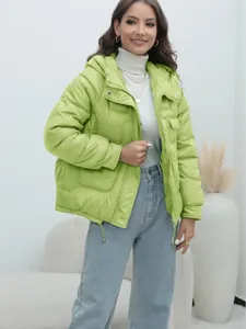 Women's stylish light green hooded puffer jacket with quilted design and warm padding