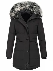 Women's black mid-length hooded puffer coat with faux fur trim and slim fit design