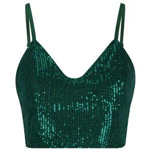 Detailed view showing the shimmering texture of a dark green sequin camisole crop top