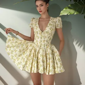 Exquisite French vintage floral mini dress featuring puff sleeves and a deep V-neckline