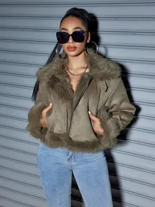 Fashionable olive green suede jacket with plush faux fur trim on collar and cuffs