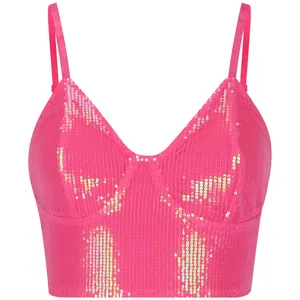 Close-up of hot pink sequined crop top with fine mesh texture and small gold sequins.