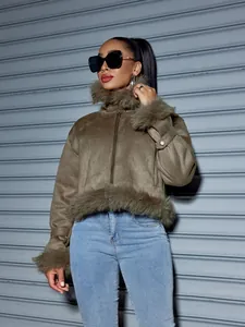 Detail of olive green suede jacket with faux fur trim and front zipper.