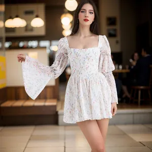 French vintage floral mini dress featuring a square neckline and elegant flared long sleeves