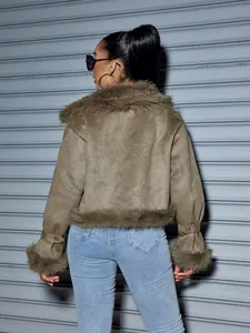 Close-up back view of women's olive green suede jacket with faux fur trim detailing