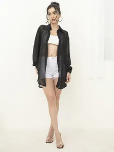 Fashionable black long-sleeved sheer sequined shirt for women featuring a turn-down collar