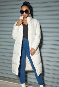 Fashionable white long winter puffer jacket for women with high collar and zipper