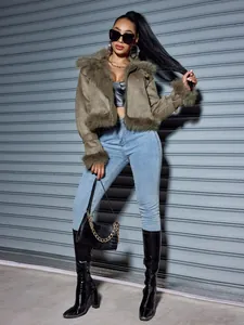 Chic women's short faux suede motorcycle jacket with plush fur trim for trendy winter streetwear.