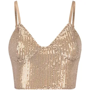 Detailed view of a sexy champagne gold sequin camisole crop top for women's party wear.