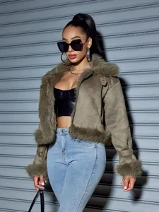 Fashionable olive green faux suede biker jacket with cozy faux fur trim detail