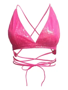 Sexy top bikini con paillettes rosa acceso e lacci incrociati sulla schiena per l'estate