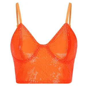 Detailed shot of an orange sequined crop top with spaghetti straps on white background.