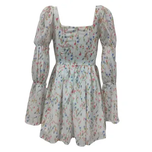 Back detail view of French vintage floral dress showing square neck and puff sleeves