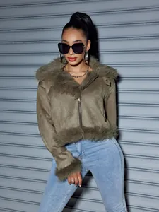 Stylish women's olive green faux suede short jacket featuring faux fur trim and collar