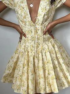 French vintage floral puff sleeve V-neck mini dress with corset waist and pleated skirt