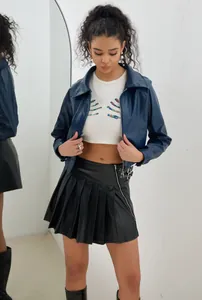 Veste courte chic en cuir PU bleu foncé pour femme avec fermeture éclair rétro tendance