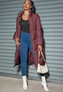 Full-length mauve quilted puffer jacket for women with high neck and zip closure.