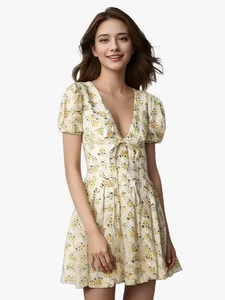Elegant French vintage floral puff sleeve V-neck slim flare A-line summer dress for women