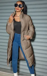 Fashionable long khaki puffer coat for women with front zipper and warm high collar