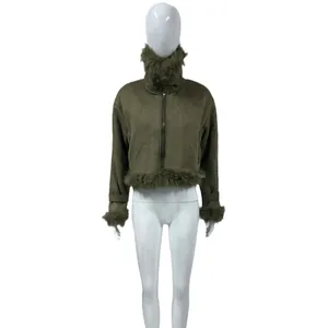 Detailed view of women's olive green suede cropped jacket featuring elegant faux fur trim
