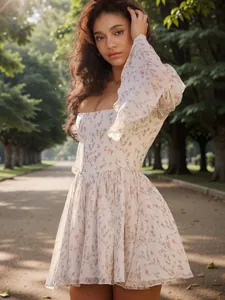 Elegant French retro square neck floral mini dress featuring long bubble sleeves in a lush park setting