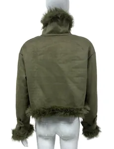 Back view of women's olive green faux suede short jacket with faux fur trim details