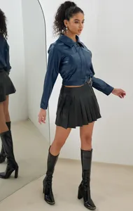 Veste motard rétro 2025 en cuir PU bleu pour femme, coupe courte élégante et chic