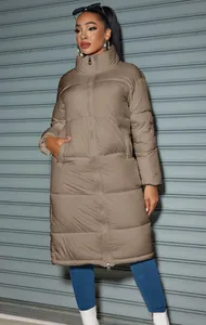 Stylish women's long brown puffer coat with zipper closure for winter warmth and comfort