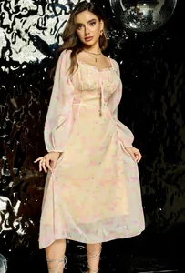 Elegante vestido de hada vintage francés con flores y manga larga para mujer
