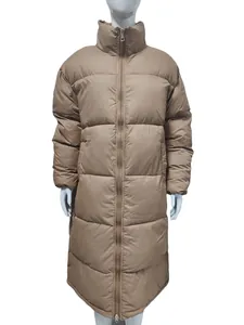 Long khaki winter puffer coat for women with full-length zipper and high collar