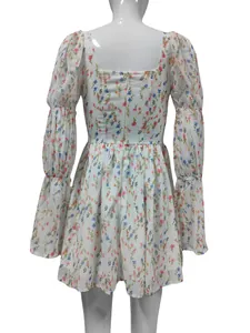 Elegant French vintage floral mini dress featuring a square neckline and puff sleeves, back view